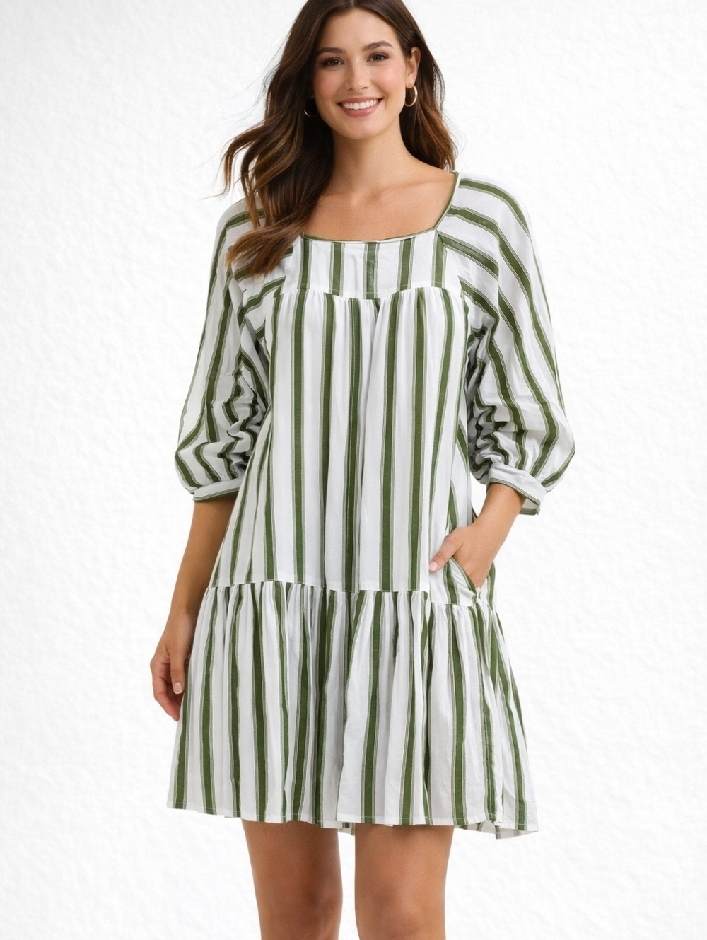 Happy Nature Cotton Stripe Dress XS Green White Cottagecore Coastal Lightweight